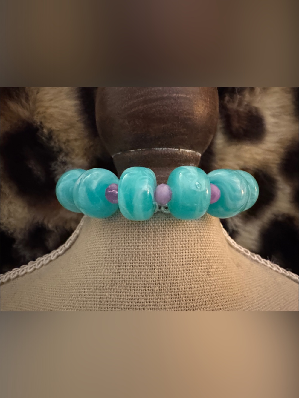 Turquoise Glass Bead Stretch Bracelet with Lilac Accents